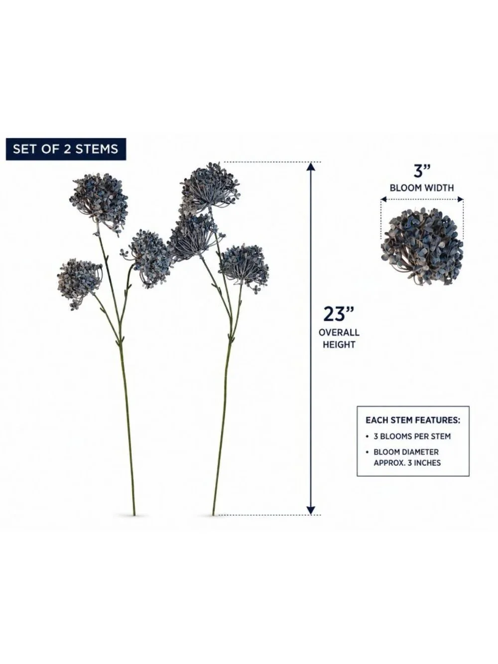 Artificial Blue Allium Flower Stems Set of 2 Dusty French Blue Faux Floral Spray